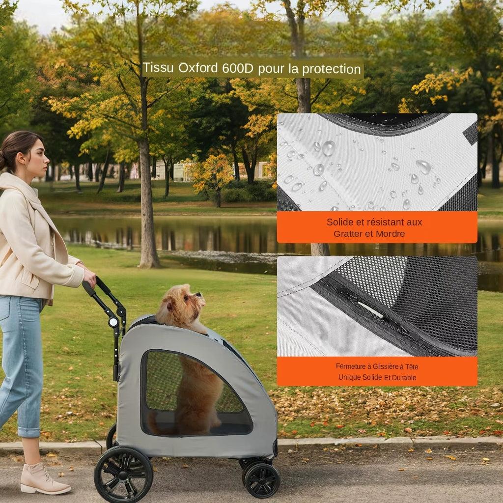 Découvrez le chariot pliable pour grand chien, l'accessoire indispensable pour les propriétaires de chiens de grande taille souhaitant offrir confort et sécurité à leurs compagnons lors des promenades et des sorties. Poussette pliable, grand chien, accessoire, propriétaires de chiens, confort, sécurité, promenade, sortie, facilement pliable, déplacements, rangement, matériaux robustes, durables, utilisation prolongée, stabilité, chiens seniors, chiens en convalescence, longues balades.