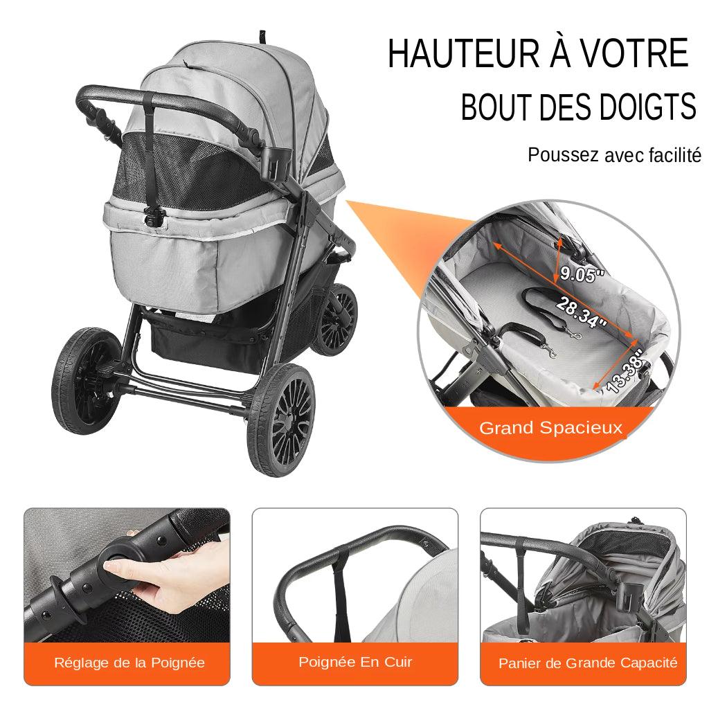 Découvrez notre poussette 3 roues pour chien et chat, conçue pour offrir confort et sécurité à vos animaux de compagnie lors de vos promenades. Poussette 3 roues pour chien, poussette 3 roues pour chat, poussette pour animaux, poussette avec panier de rangement, poussette pliable, poussette confortable, poussette sécurisée.