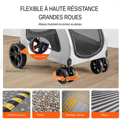 Découvrez le chariot pliable pour grand chien, l'accessoire indispensable pour les propriétaires de chiens de grande taille souhaitant offrir confort et sécurité à leurs compagnons lors des promenades et des sorties. Poussette pliable, grand chien, accessoire, propriétaires de chiens, confort, sécurité, promenade, sortie, facilement pliable, déplacements, rangement, matériaux robustes, durables, utilisation prolongée, stabilité, chiens seniors, chiens en convalescence, longues balades.