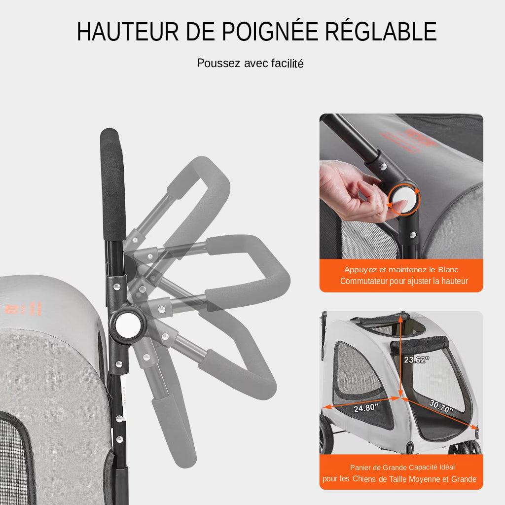 Découvrez le chariot pliable pour grand chien, l'accessoire indispensable pour les propriétaires de chiens de grande taille souhaitant offrir confort et sécurité à leurs compagnons lors des promenades et des sorties. Poussette pliable, grand chien, accessoire, propriétaires de chiens, confort, sécurité, promenade, sortie, facilement pliable, déplacements, rangement, matériaux robustes, durables, utilisation prolongée, stabilité, chiens seniors, chiens en convalescence, longues balades.