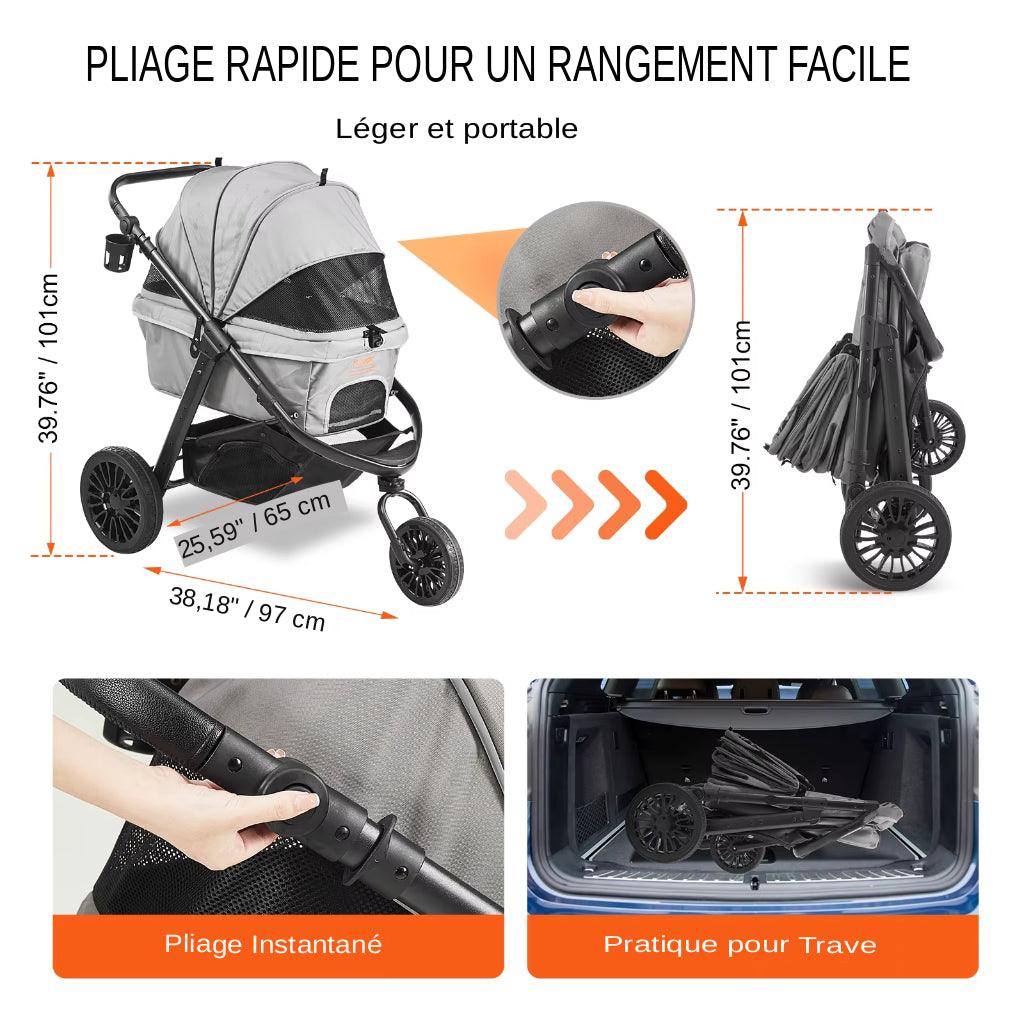 Découvrez notre poussette 3 roues pour chien et chat, conçue pour offrir confort et sécurité à vos animaux de compagnie lors de vos promenades. Poussette 3 roues pour chien, poussette 3 roues pour chat, poussette pour animaux, poussette avec panier de rangement, poussette pliable, poussette confortable, poussette sécurisée.