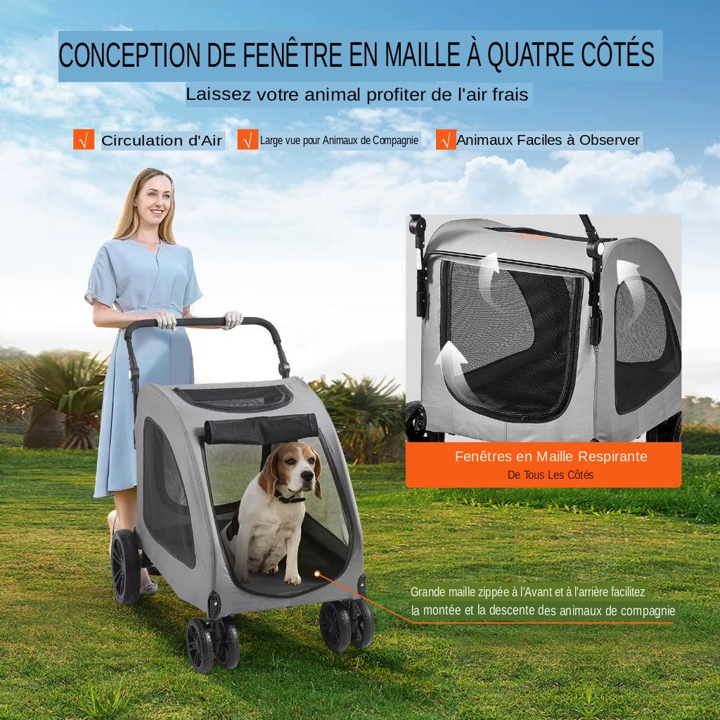 Découvrez le chariot pliable pour grand chien, l'accessoire indispensable pour les propriétaires de chiens de grande taille souhaitant offrir confort et sécurité à leurs compagnons lors des promenades et des sorties. Poussette pliable, grand chien, accessoire, propriétaires de chiens, confort, sécurité, promenade, sortie, facilement pliable, déplacements, rangement, matériaux robustes, durables, utilisation prolongée, stabilité, chiens seniors, chiens en convalescence, longues balades.